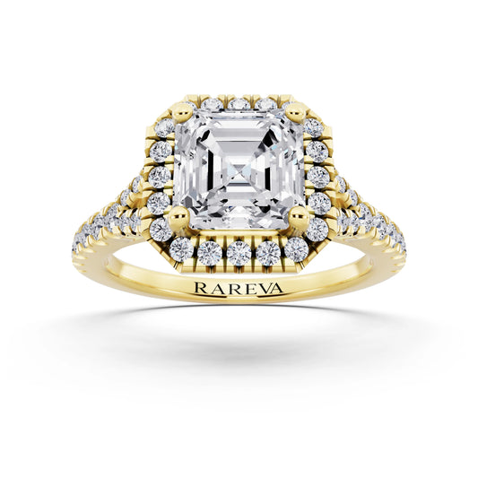 14 KT Yellow Gold Asscher Cut Diamond Halo Ring with Split Shank - front view