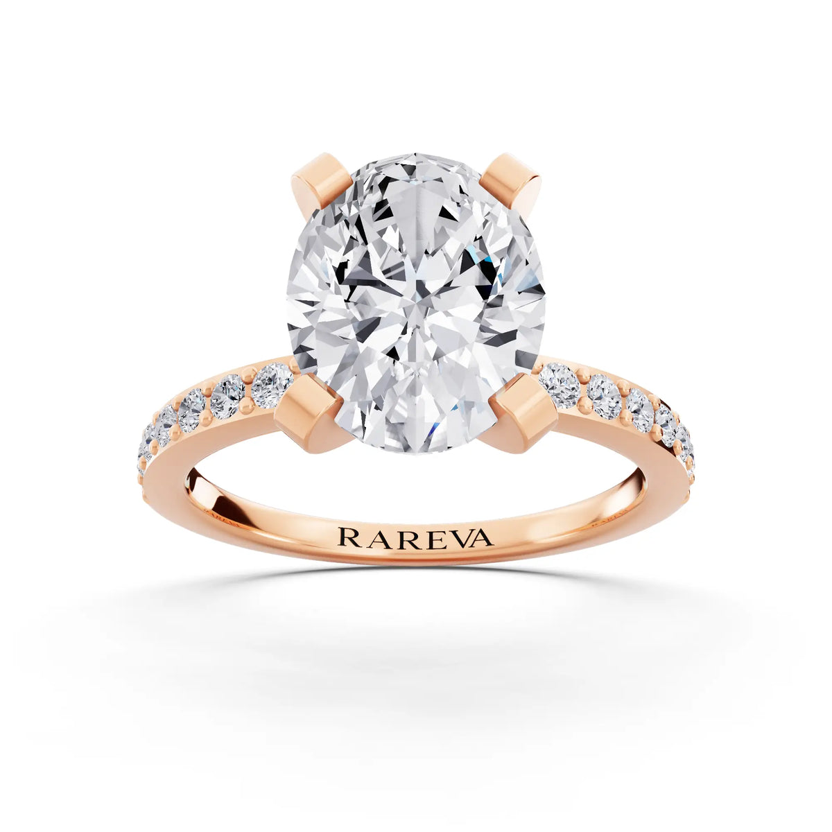 14 KT Rose Gold Oval Cut Diamond Solitaire Ring with Pave Shank - front view