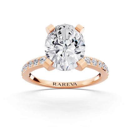 14 KT Rose Gold Oval Cut Diamond Solitaire Ring with Pave Shank - front view