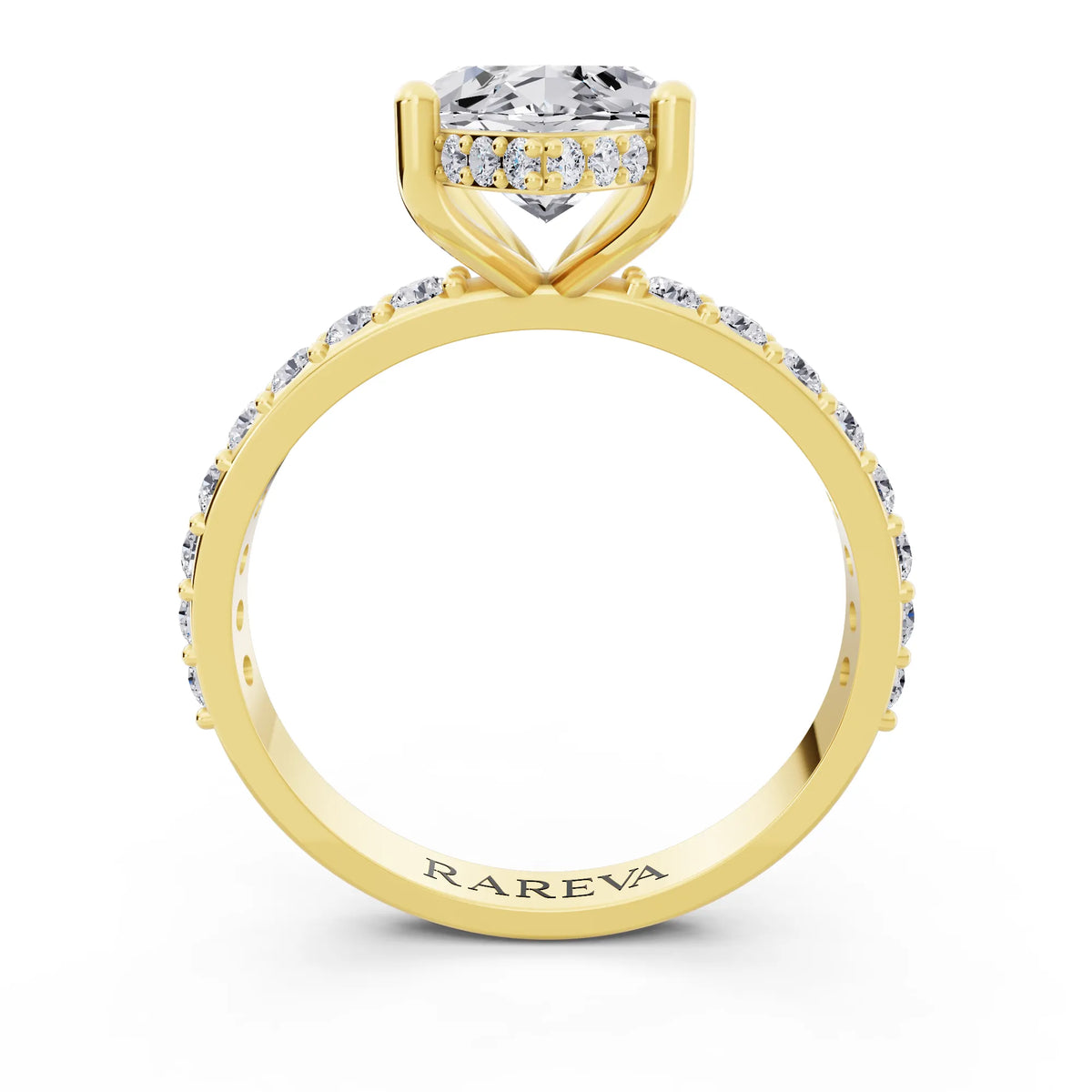 14 KT Yellow Gold Marquise Cut Diamond Solitaire Ring with Hidden Halo and Pave Band - through finger