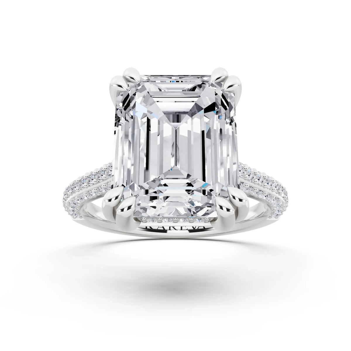 14 KT White Gold Emerald Cut Diamond Hidden Halo Double Claw Pave Band Ring - front view
