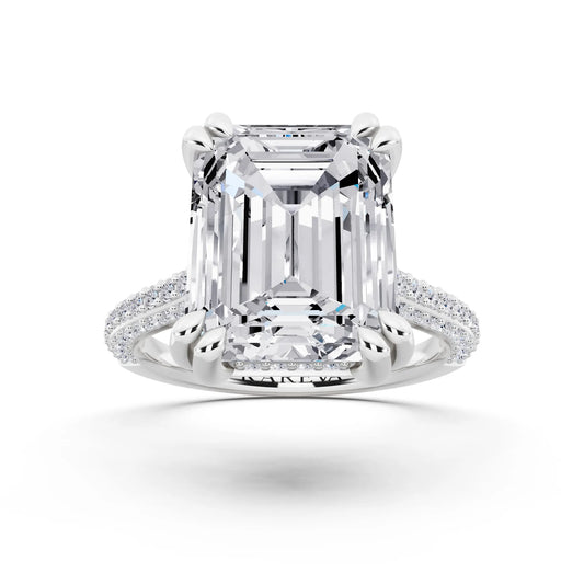 14 KT White Gold Emerald Cut Diamond Hidden Halo Double Claw Pave Band Ring - front view