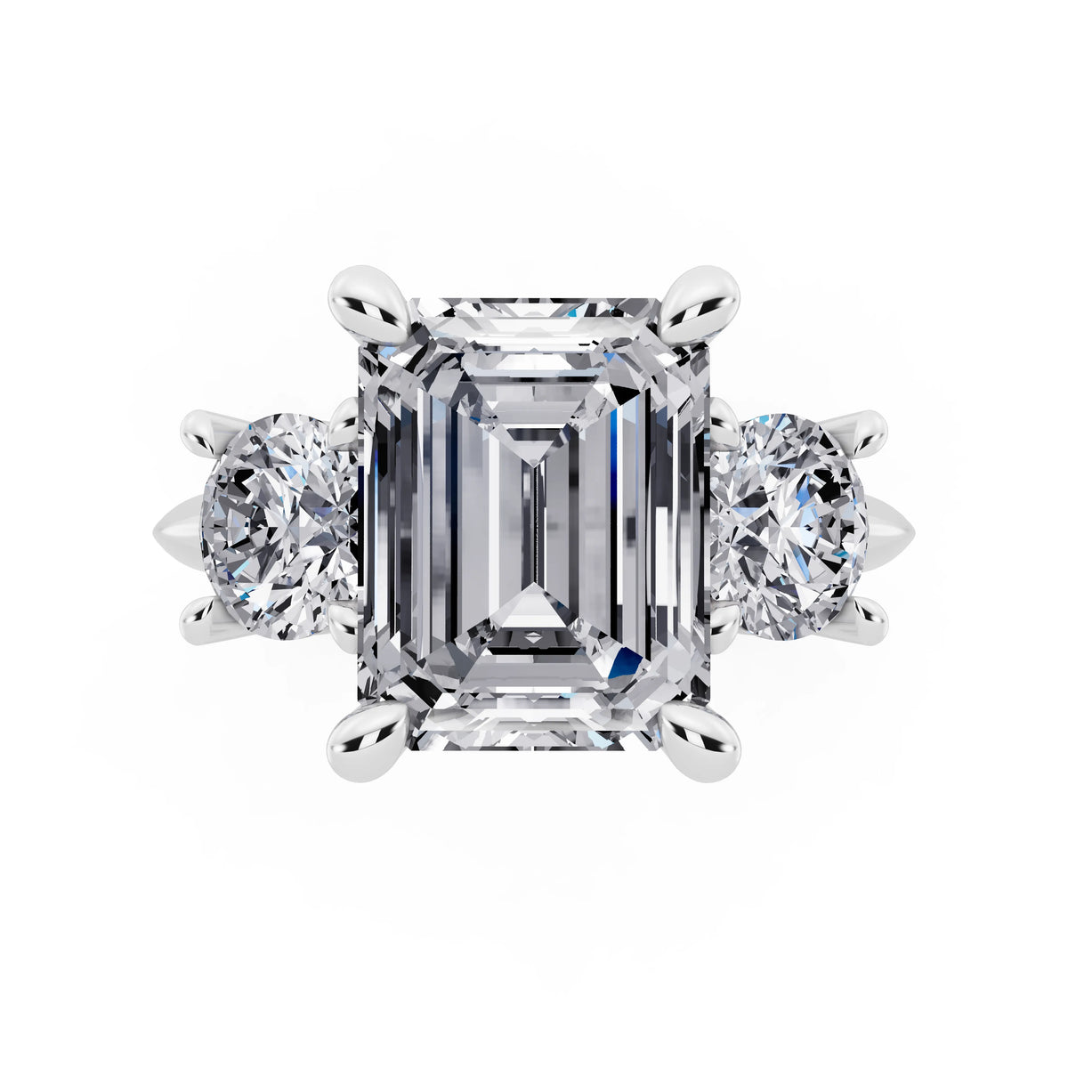 Platinum Emerald Cut Diamond Three Stone Ring with Round Accents - top angle