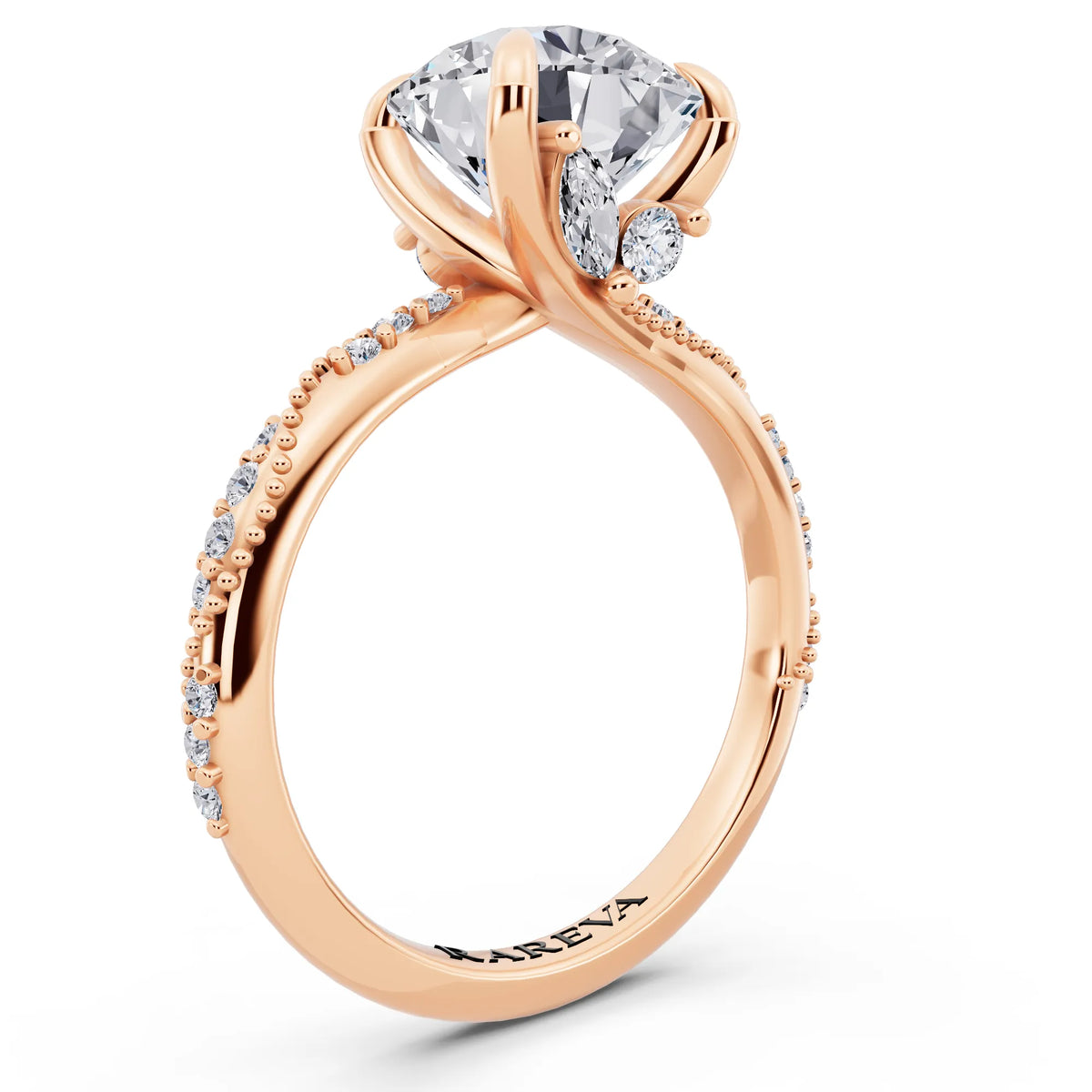 18 KT Rose Gold Round Cut Diamond Ring with Marquise Accent - top view