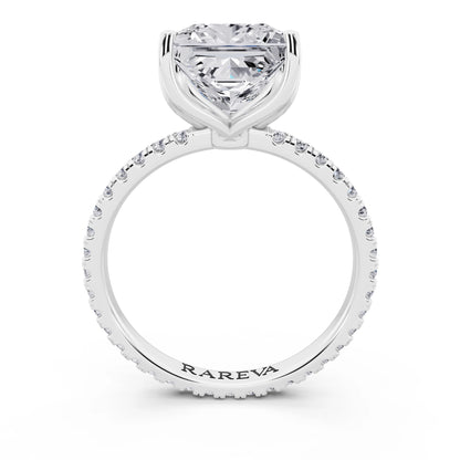 18 KT White Gold Princess Cut Diamond Solitaire Ring with Pave Eternity Band - through finger
