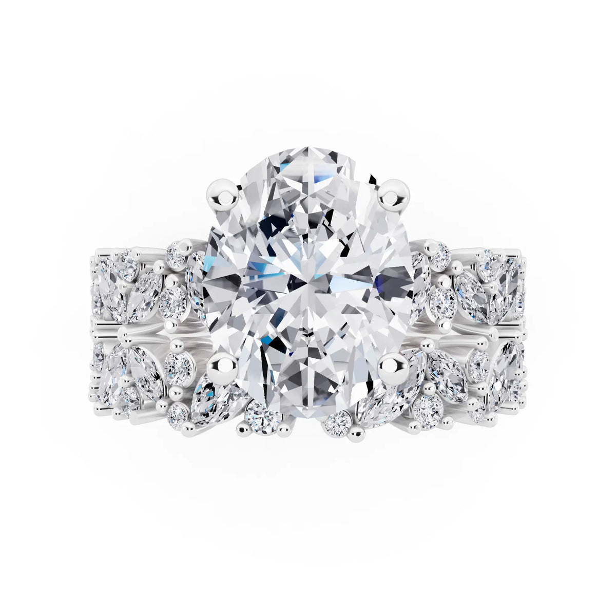 18 KT White Gold Oval Cut Diamond Ring with Marquise Cluster Band - top angle
