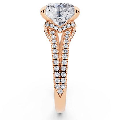 14 KT Rose Gold Round Cut Diamond Ring with Pavé Split Shank - side view