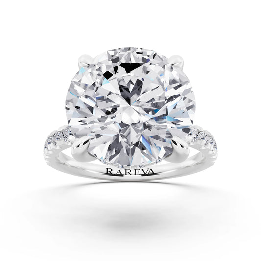 Platinum Round Cut Diamond Hidden Halo Tiger Prong Pave Band Ring - front view