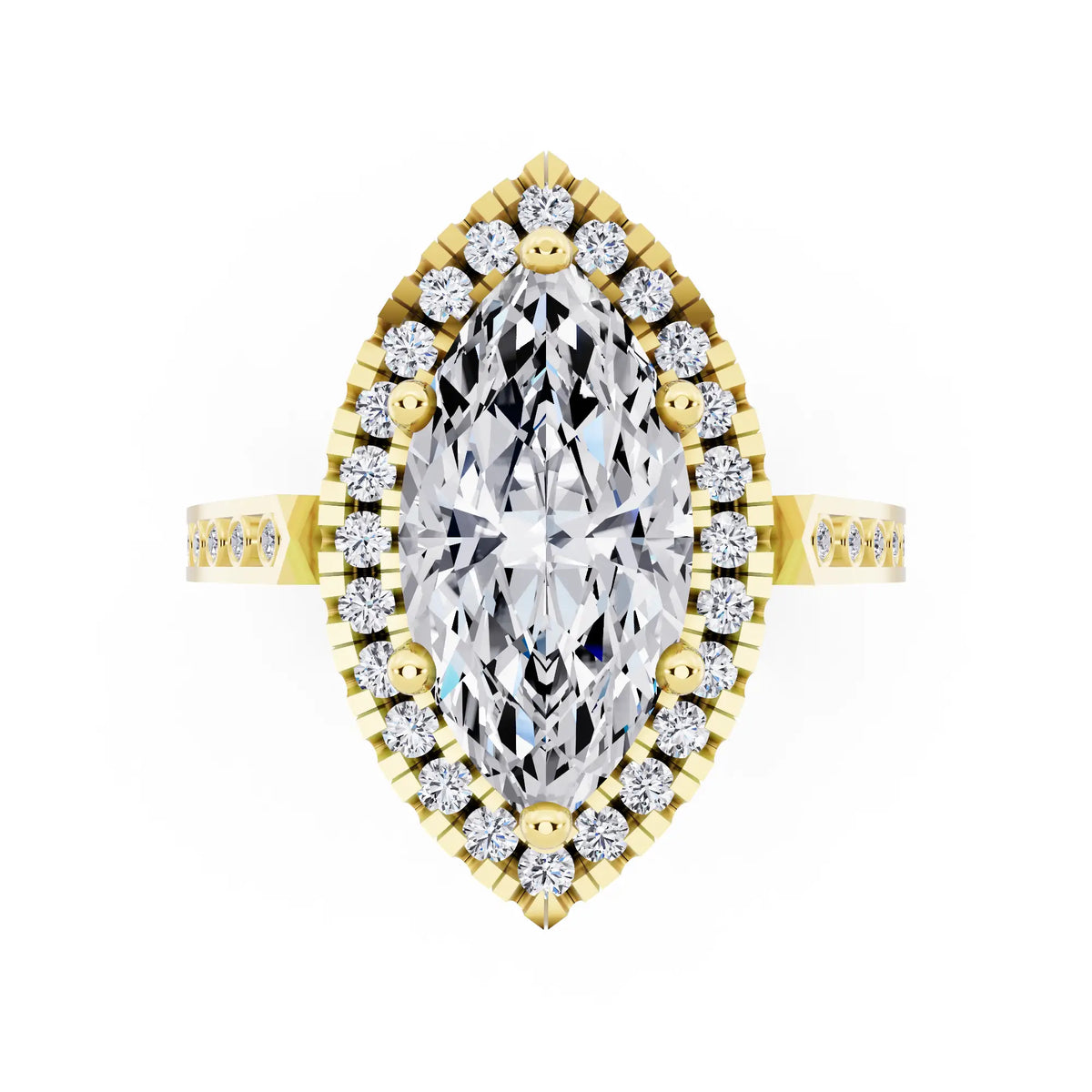 18 KT Yellow Gold Marquise Cut Diamond Halo Ring with Bezel Accent Band - top angle