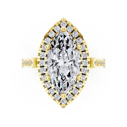 18 KT Yellow Gold Marquise Cut Diamond Halo Ring with Bezel Accent Band - top angle