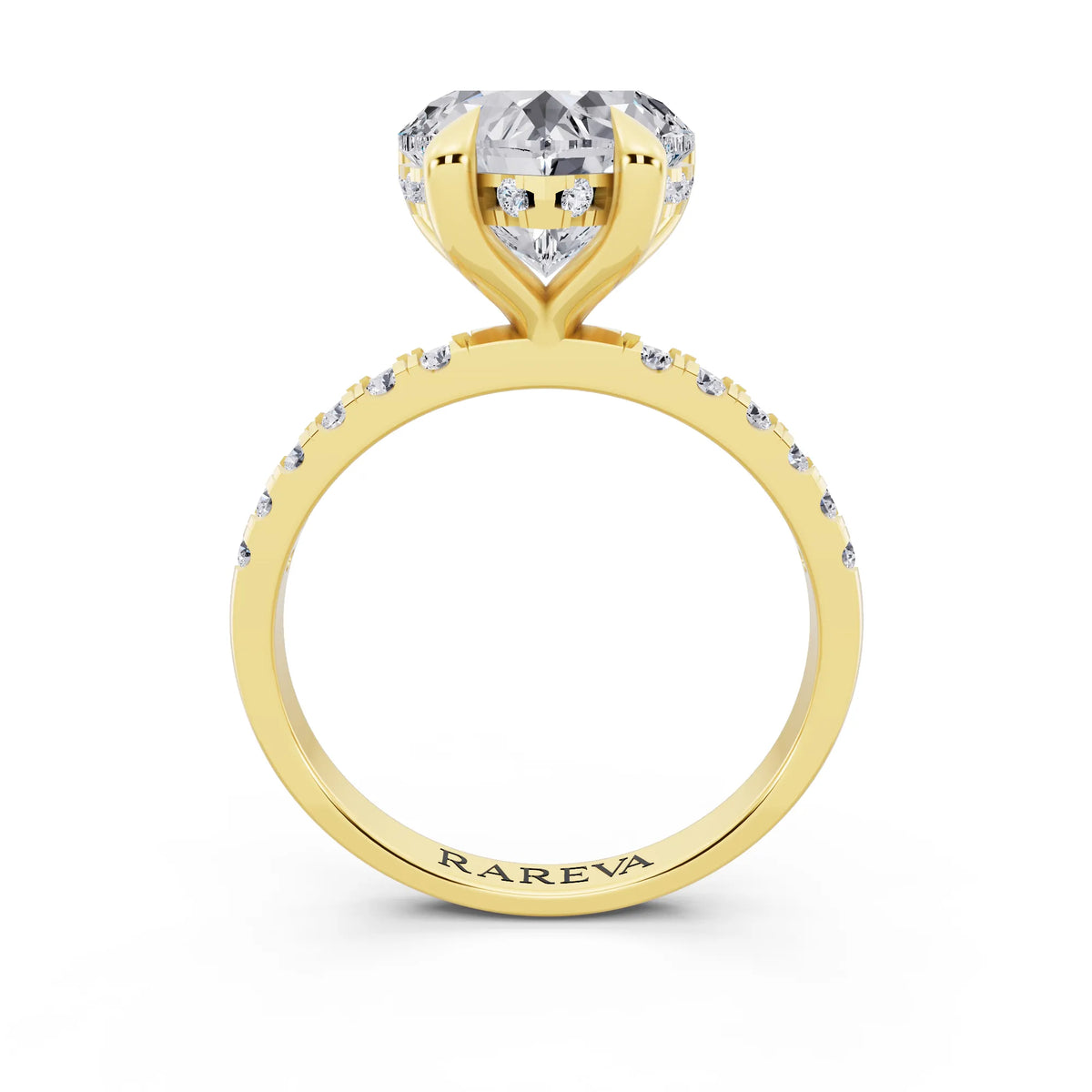 18 KT Yellow Gold Heart Cut Diamond Solitaire Ring with Round Pavé Band and Prong Setting - through finger