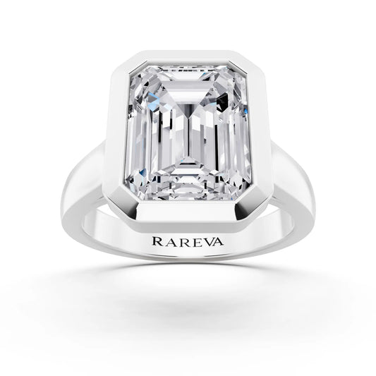 14 KT White Gold Emerald Cut Diamond Bezel Set Solitaire Ring - front view