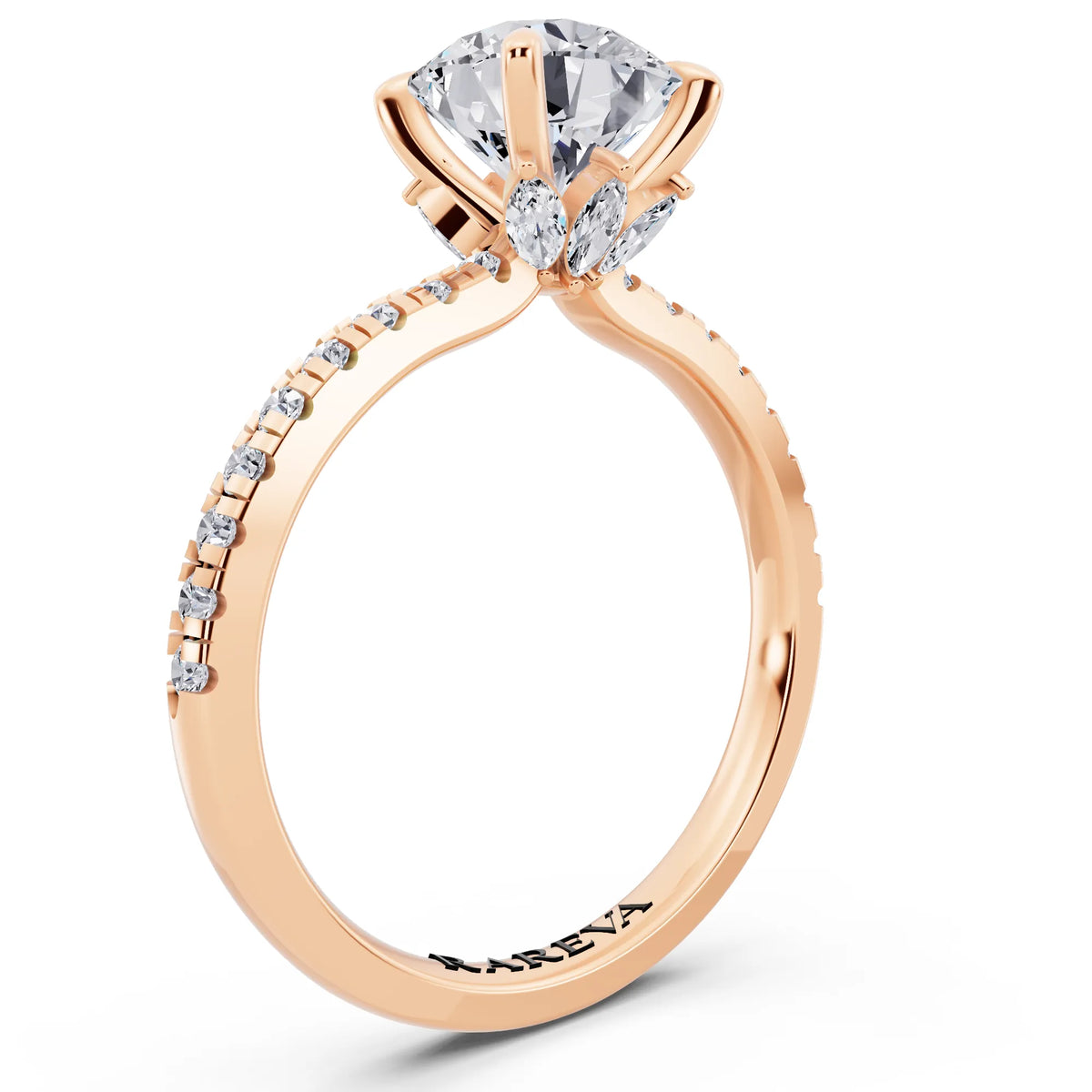 18 KT Rose Gold Round Cut Diamond Solitaire Ring with Marquise Collar - top view