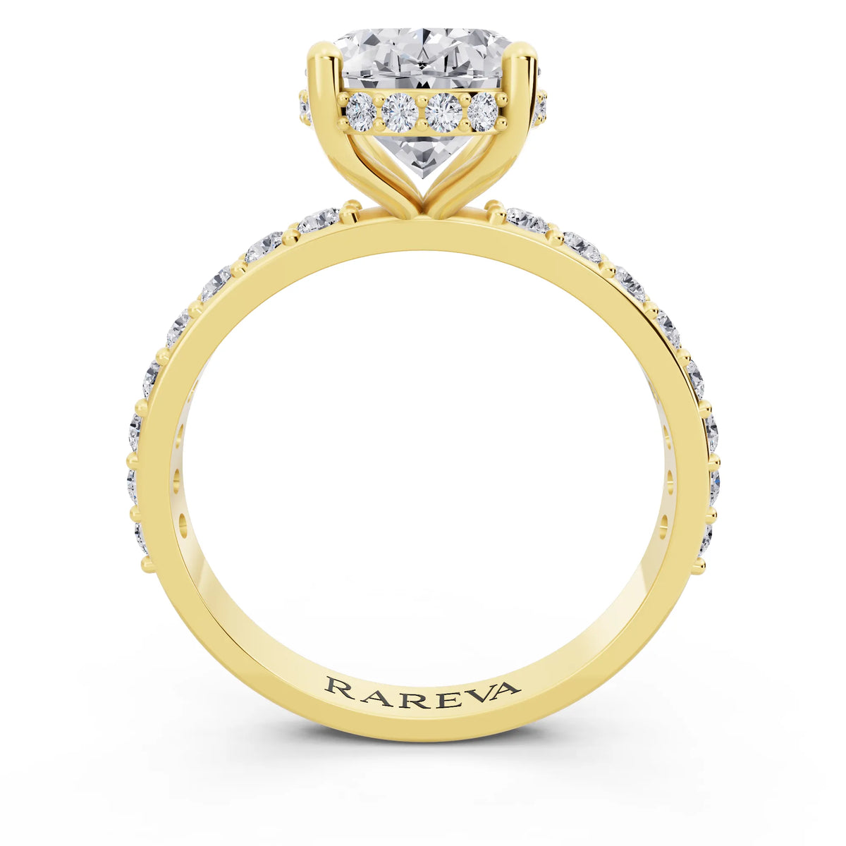 18 KT Yellow Gold Oval Cut Diamond Solitaire Ring with Hidden Halo and Pave Band - through finger