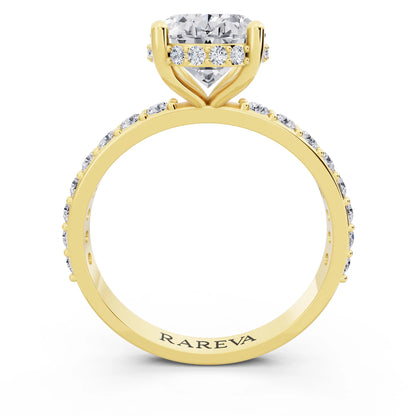 18 KT Yellow Gold Oval Cut Diamond Solitaire Ring with Hidden Halo and Pave Band - through finger