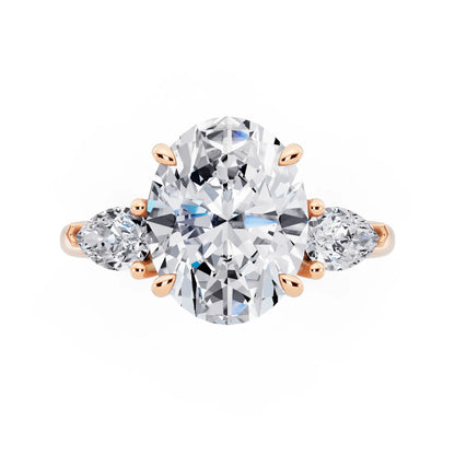 14 KT Rose Gold Oval Cut Diamond Three Stone Pear Accent Ring - top angle
