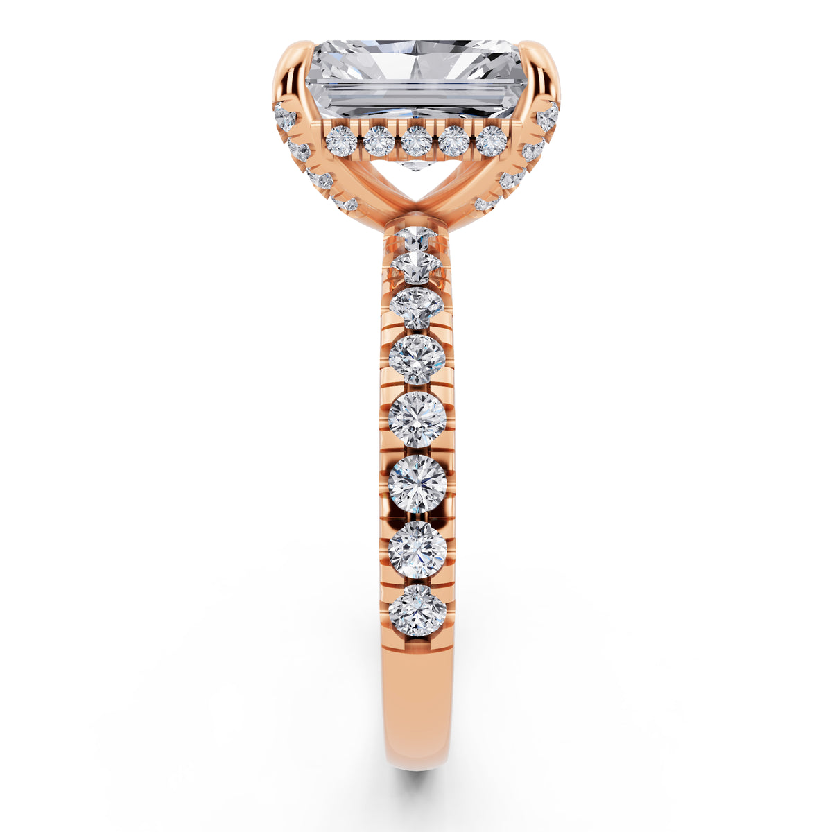 18 KT Rose Gold Radiant Cut Diamond Hidden Halo Ring with Pave Shank - side view