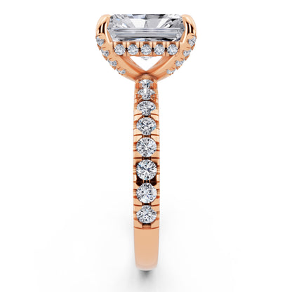 18 KT Rose Gold Radiant Cut Diamond Hidden Halo Ring with Pave Shank - side view
