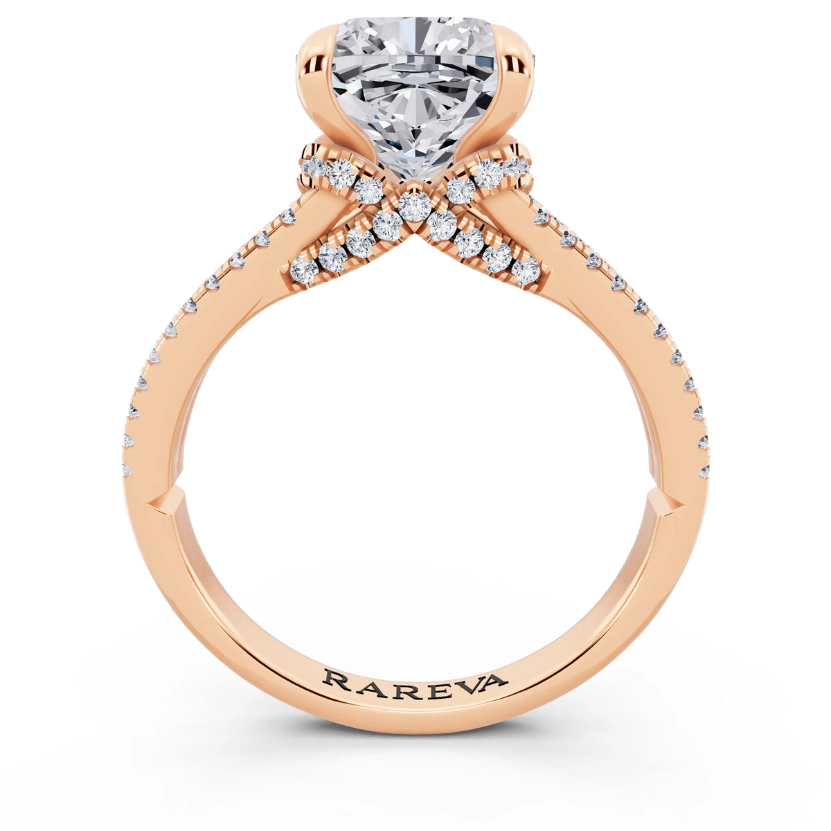 14 KT Rose Gold Cushion Cut Diamond Ring with Pavé Split Shank - through finger