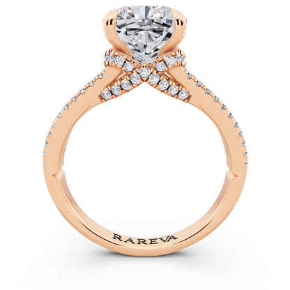 14 KT Rose Gold Cushion Cut Diamond Ring with Pavé Split Shank - through finger