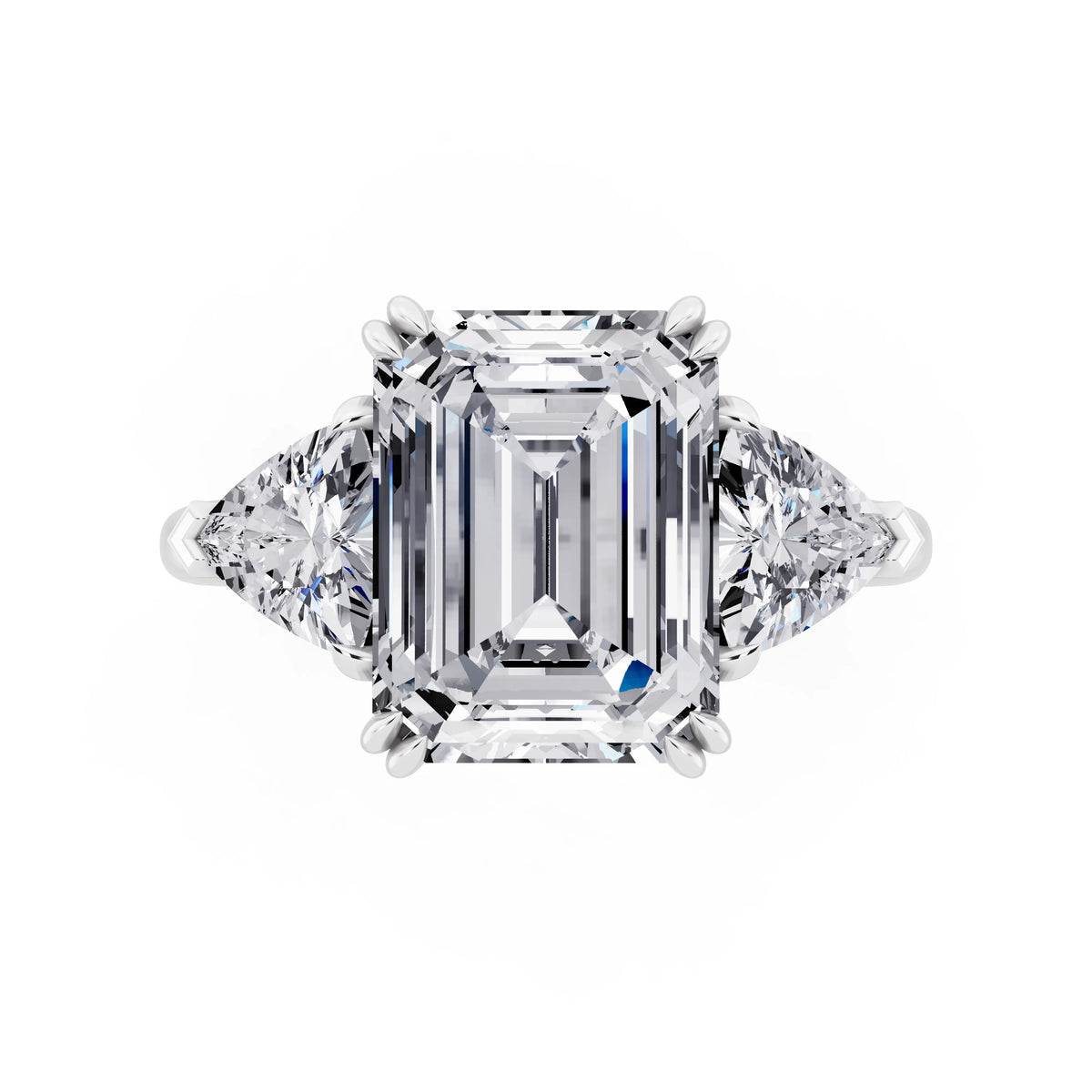 14 KT White Gold Emerald Cut Diamond Three Stone Ring with Trillion Accents - top angle