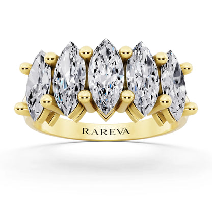 14K Yellow Gold Five Stone Marquise Cut Diamond Half Eternity Wedding Band - 2.7mm - Front