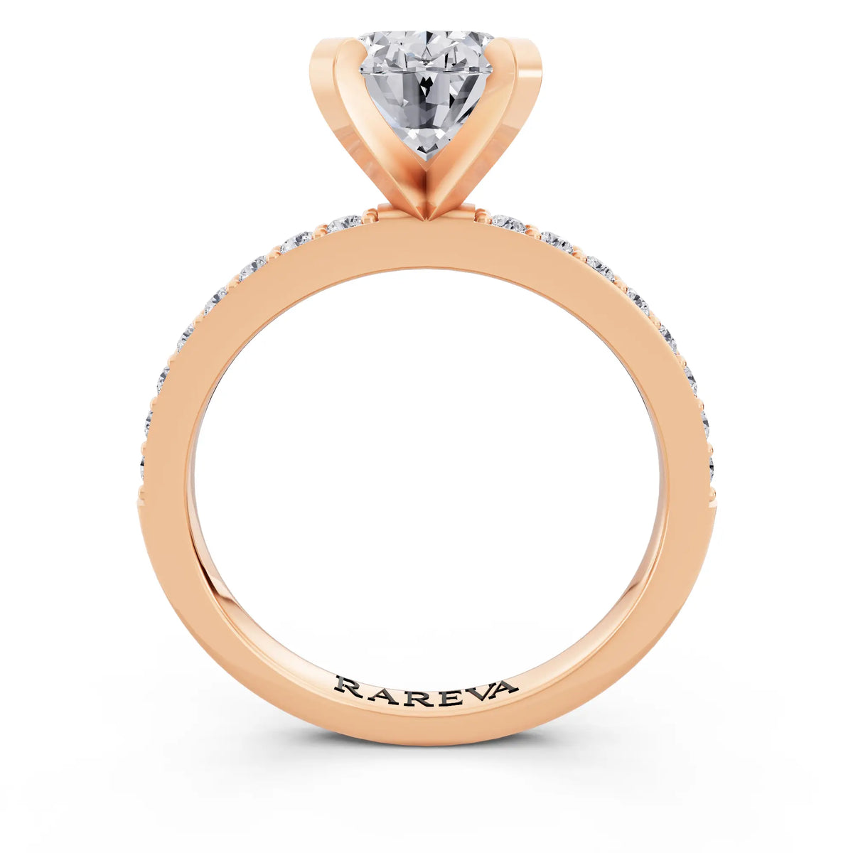 14 KT Rose Gold Oval Cut Diamond Solitaire Ring with Pave Shank - through finger