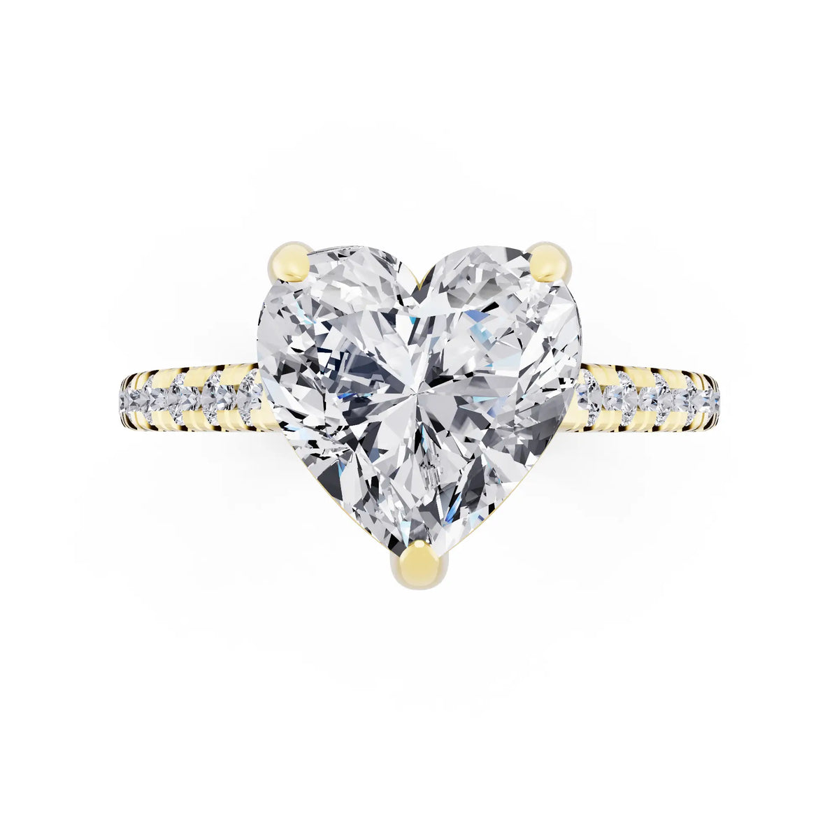 14 KT Yellow Gold Heart Cut Diamond Claw Prong Solitaire Ring with French Pave Band - top angle