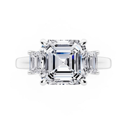 14 KT White Gold Asscher Cut Diamond Three Stone Emerald Accent Ring - top angle
