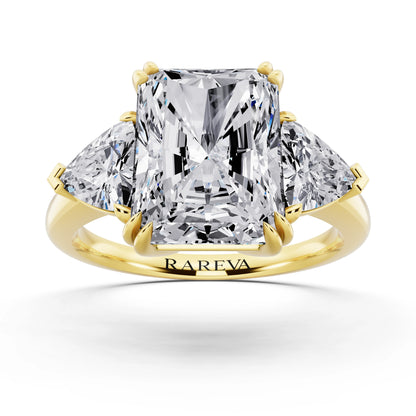 18 KT Yellow Gold Radiant Cut Diamond Three Stone Ring with Trillion Accents - front view