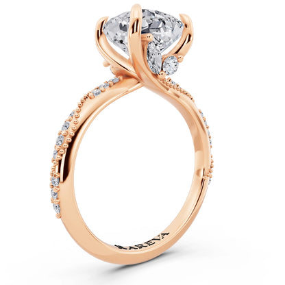 18 KT Rose Gold Cushion Cut Diamond Ring with Marquise Accent - top view