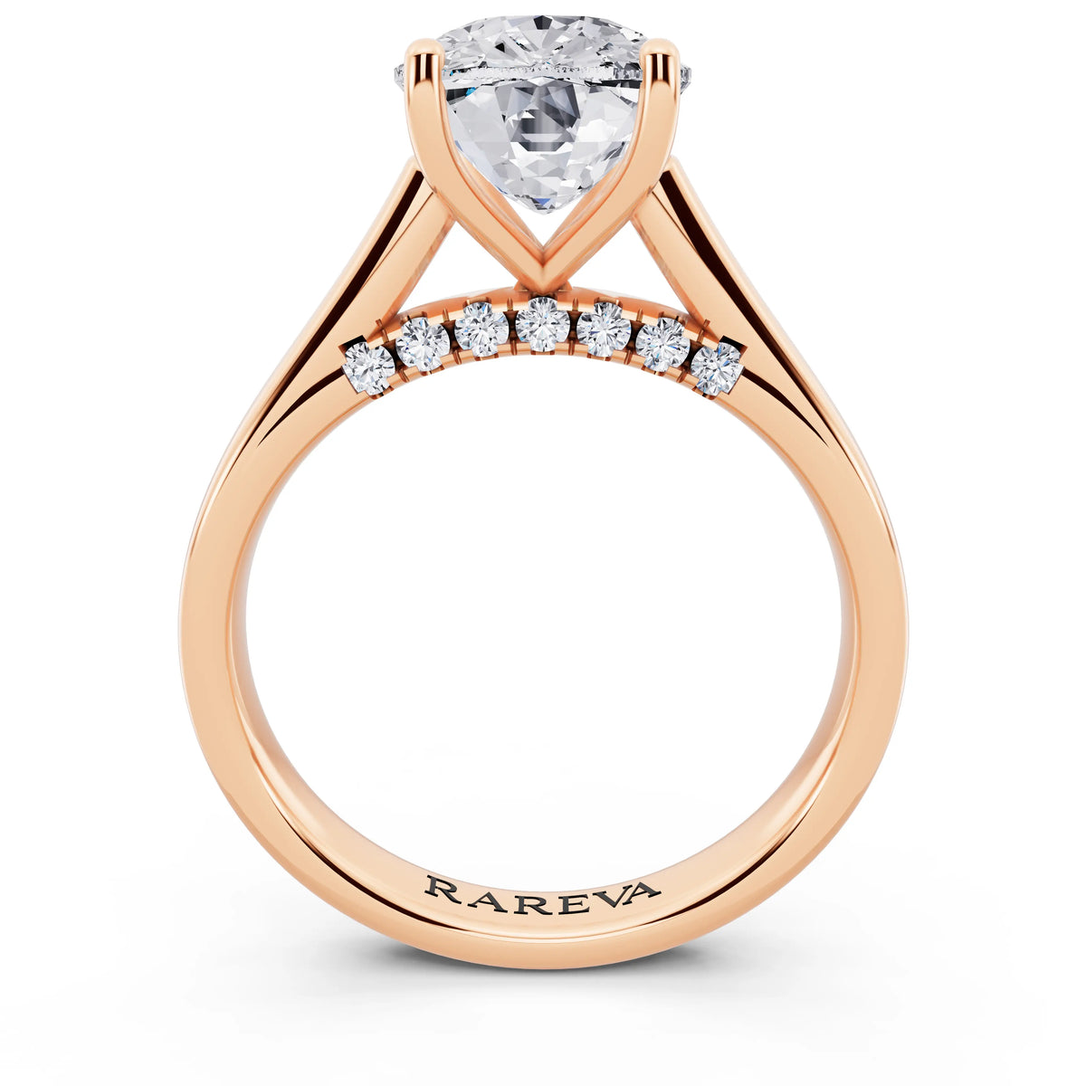 18 KT Rose Gold Cushion Cut Diamond Solitaire Ring with Hidden Accent - through finger