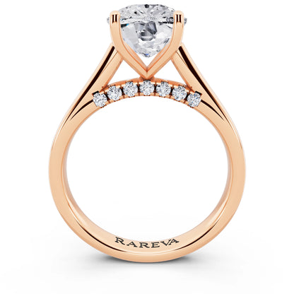 18 KT Rose Gold Cushion Cut Diamond Solitaire Ring with Hidden Accent - through finger