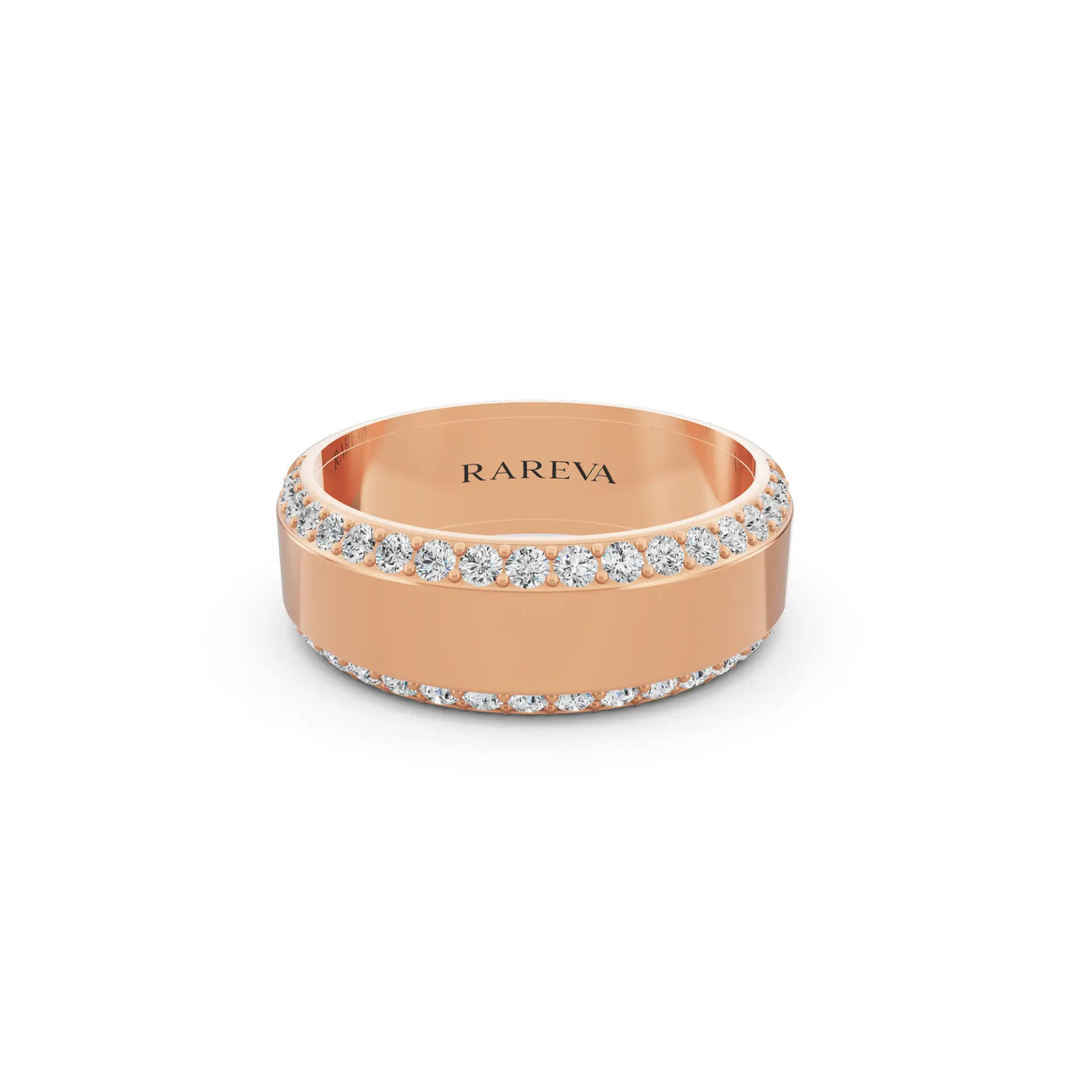 14K Rose Gold Men's Round Cut Diamond Pave Bevel Edge Band - 6.5mm - Front