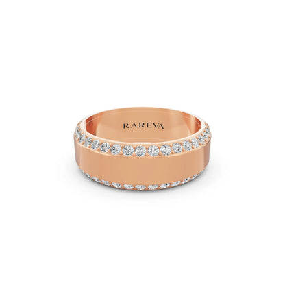 14K Rose Gold Men's Round Cut Diamond Pave Bevel Edge Band - 6.5mm - Front