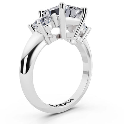 18 KT White Gold Emerald Cut Diamond Three Stone Ring with Round Accents - top view