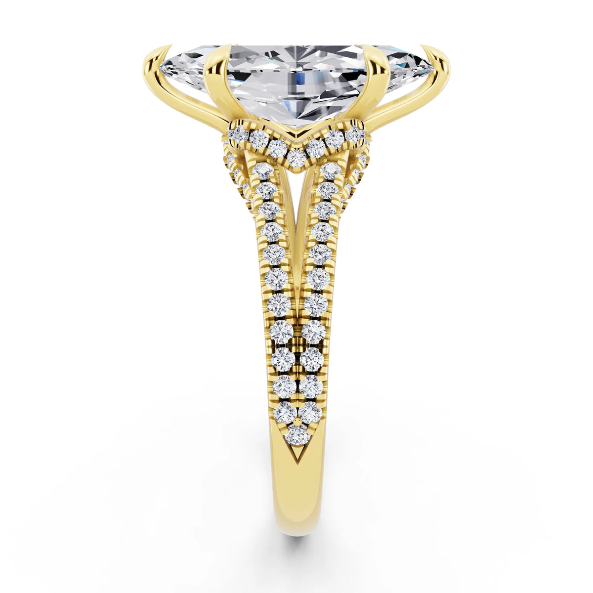 18 KT Yellow Gold Marquise Cut Diamond Ring with Pavé Split Shank - side view
