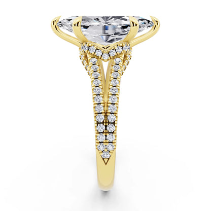18 KT Yellow Gold Marquise Cut Diamond Ring with Pavé Split Shank - side view