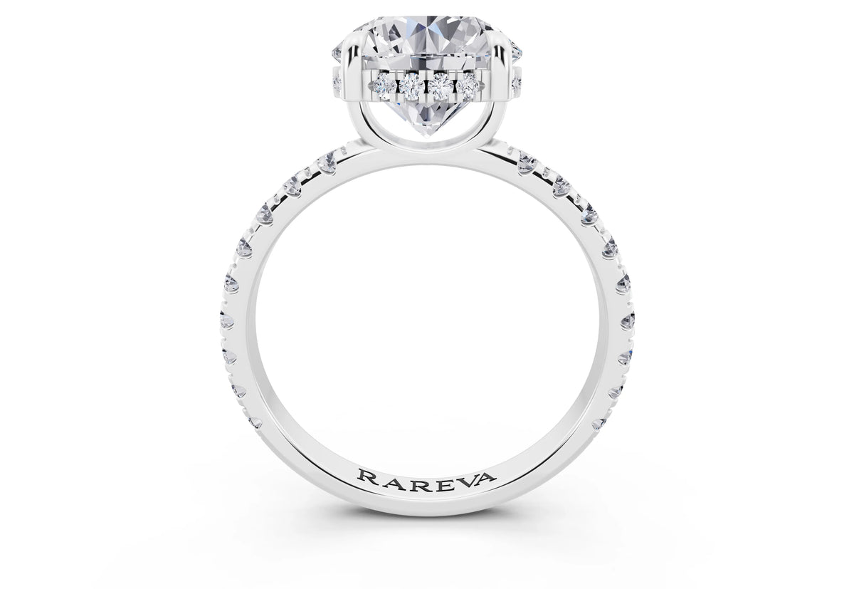 18 KT White Gold Round Cut Diamond Solitaire Ring with Hidden Halo and French Pave Band - through finger