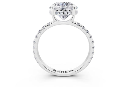 18 KT White Gold Round Cut Diamond Solitaire Ring with Hidden Halo and French Pave Band - through finger