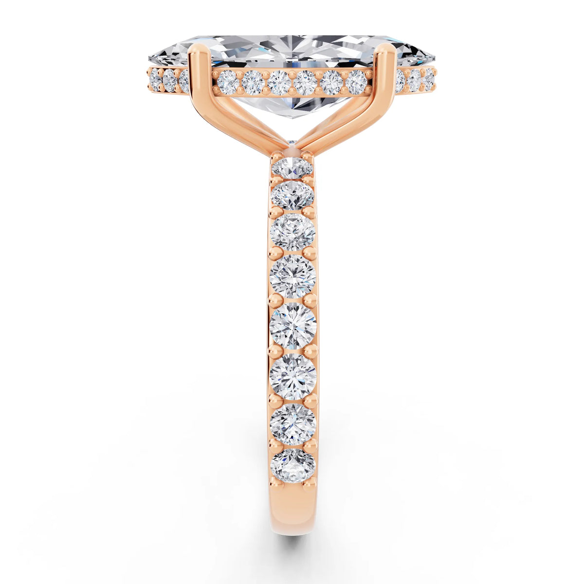 18 KT Rose Gold Marquise Cut Diamond Solitaire Ring with Hidden Halo and Pave Band - side view