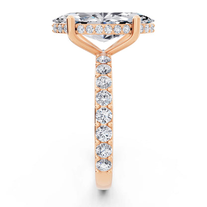 18 KT Rose Gold Marquise Cut Diamond Solitaire Ring with Hidden Halo and Pave Band - side view