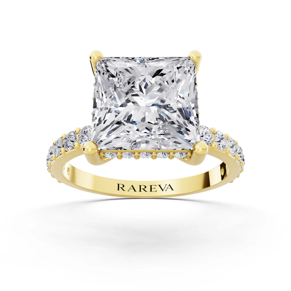 18 KT Yellow Gold Princess Cut Diamond Solitaire Ring with Hidden Halo and Pave Band - front view