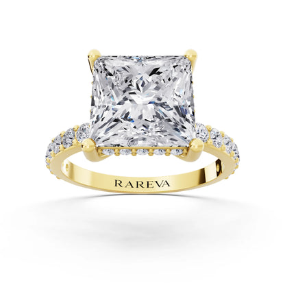 18 KT Yellow Gold Princess Cut Diamond Solitaire Ring with Hidden Halo and Pave Band - front view