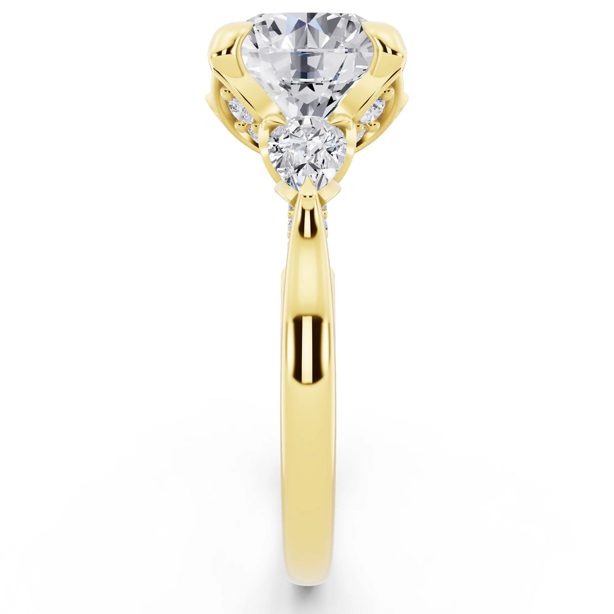 14 KT Yellow Gold Round Cut Diamond Cluster Engagement Ring with Pear Accents and Pavé Band - side view