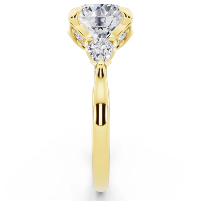 14 KT Yellow Gold Round Cut Diamond Cluster Engagement Ring with Pear Accents and Pavé Band - side view