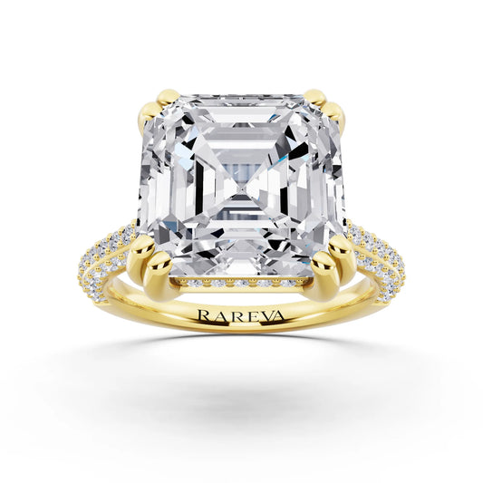 14 KT Yellow Gold Asscher Cut Diamond Hidden Halo Double Claw Pave Band Ring - front view