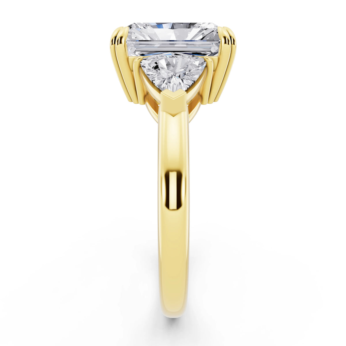 18 KT Yellow Gold Radiant Cut Diamond Three Stone Ring with Trillion Accents - side view