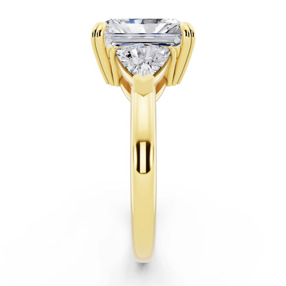 18 KT Yellow Gold Radiant Cut Diamond Three Stone Ring with Trillion Accents - side view