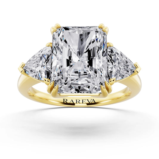14 KT Yellow Gold Radiant Cut Diamond Three Stone Ring with Trillion Accents - front view